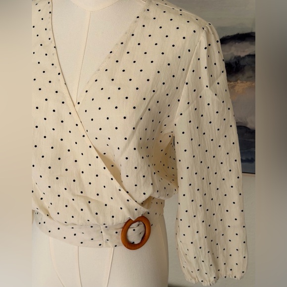 Francesca’s Collection Blue Rain Ivory & Black Polka Dot Wrap Blouse - Picture 2 of 16